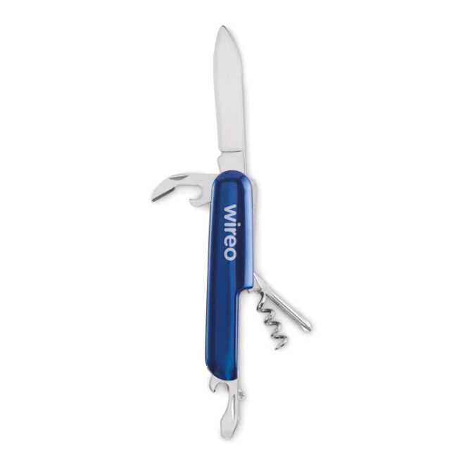 Werbeartikel Multi-Tool-Taschenmesser aus recyceltem Aluminium mit Gravur – Blau – 5-in-1 Werkzeug für Firmen und Messen