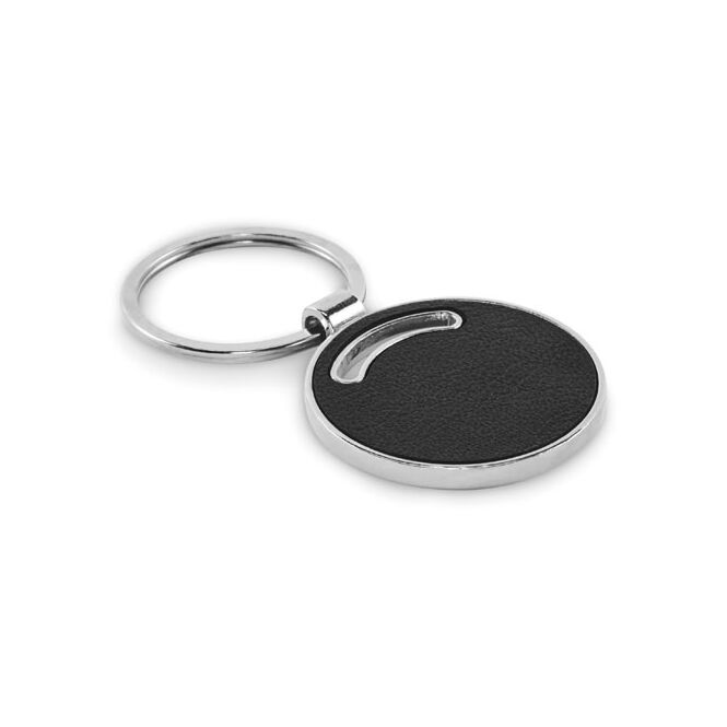 Kundengeschenk Schlüsselanhänger rund – schwarz – mit Gravur aus recyceltem pu für den firmenschlüsselbund