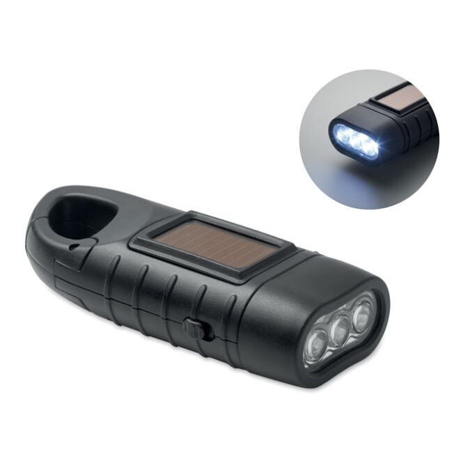 Werbeartikel Solar-Dynamo-Taschenlampe mit Logodruck aus recyceltem ABS – Schwarz – nützliches Lichtgerät für Kunden und Messen