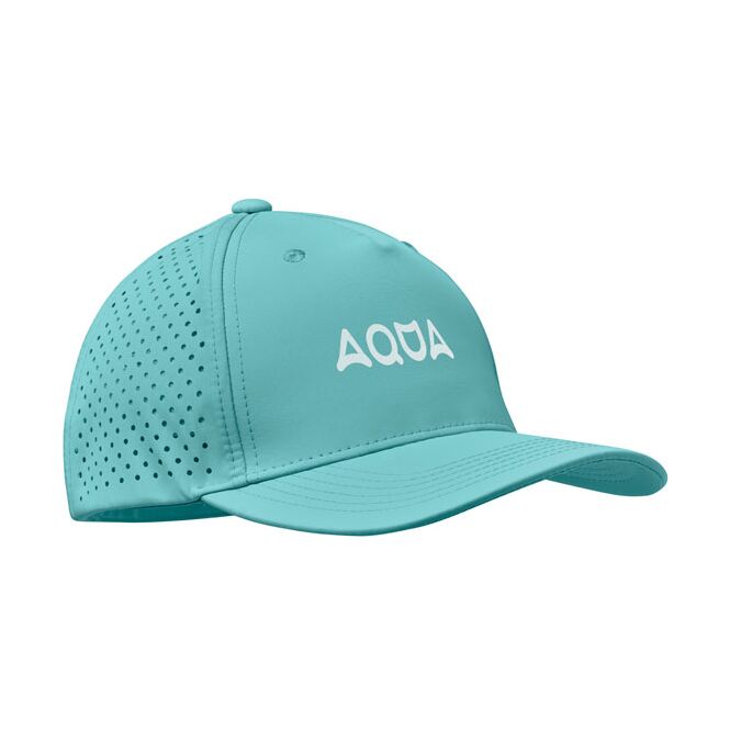 Werbeartikel Cap Performance 5 Panels – türkis – mit Logodruck schnell trocknendes Polyester für Outdoor-Events, klassisches Baseball Cap