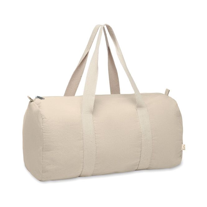 Firmengeschenk Sporttasche 320g/m² – beige – mit Logo bedruckt nachhaltiger, geräumiger Weekender aus recyceltem Material für Geschäftsreisen