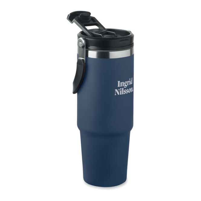Werbeartikel Thermobecher – marineblau – mit Logodruck 850 ml aus recyceltem Edelstahl nachhaltig für das Büro