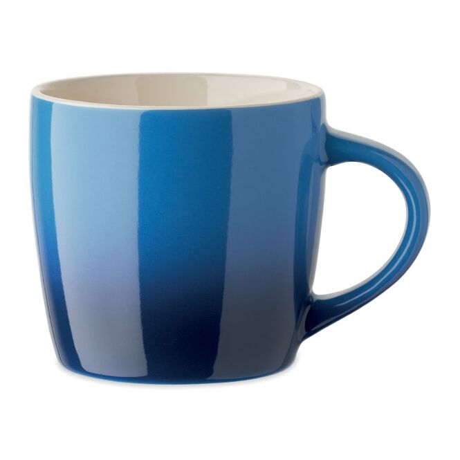Werbeartikel Keramikbecher – blau – mit Logodruck 300 ml für die Büroküche