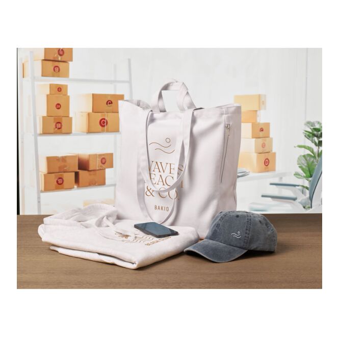 Firmengeschenk Einkaufstasche Polycotton – weiß – mit Logo bedruckt 70% recycelte Baumwolle 380g/qm nachhaltige Textiltasche CSR