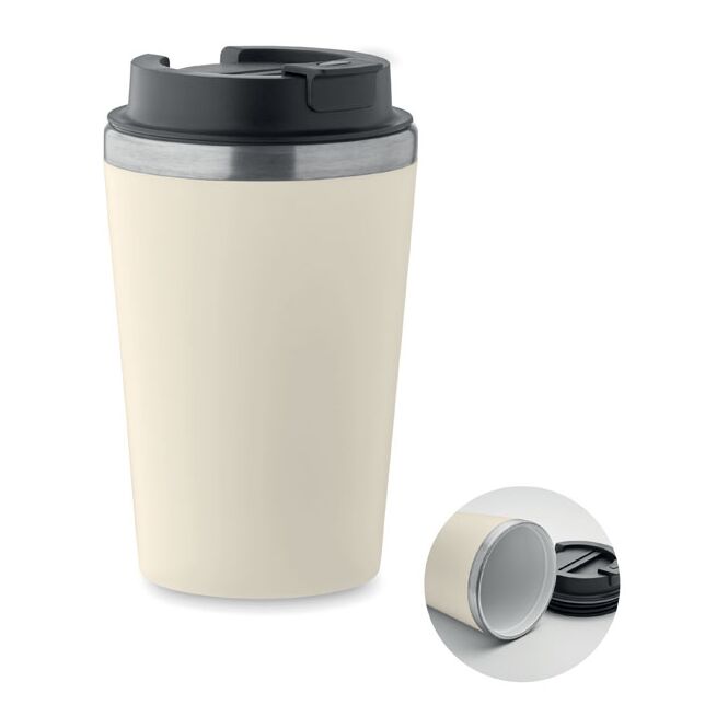 Werbeartikel Doppelwandiger Becher 350 ml mit Logodruck – Beige – auslaufsicherer Trinkbecher für Büro und Konferenzen