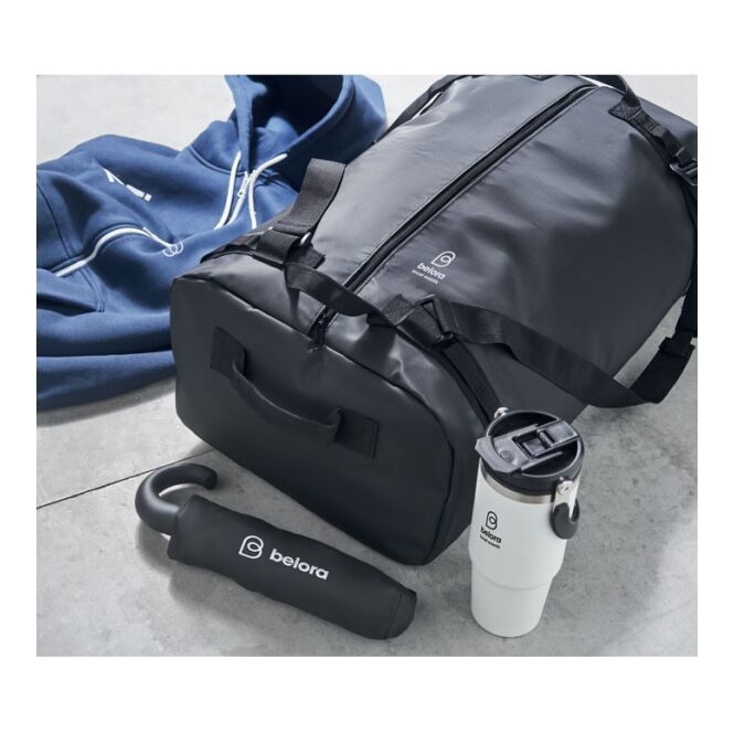 Werbeartikel Sport- und Reisetasche mit Logodruck – Schwarz – multifunktionales Gepäckstück für Firmen und Events
