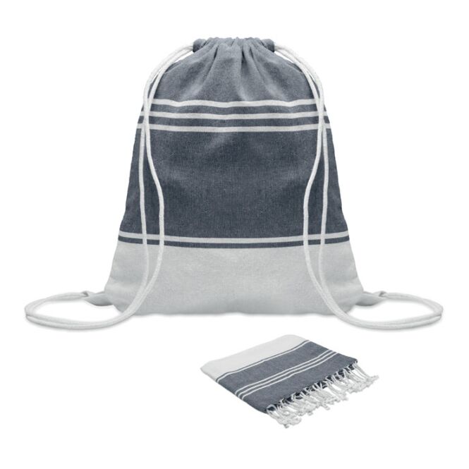 Werbeartikel Strandtuch-Set mit Logodruck – Blau – nachhaltiges Hammamtuch aus Recycling-Material für Firmen-Events und Sommer-Promotion