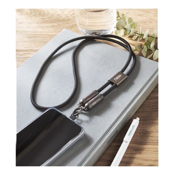 Werbeartikel 60W Lanyard-Ladekabel mit Gravur – Schwarz – Typ-C Datenkabel für Messen und Büro