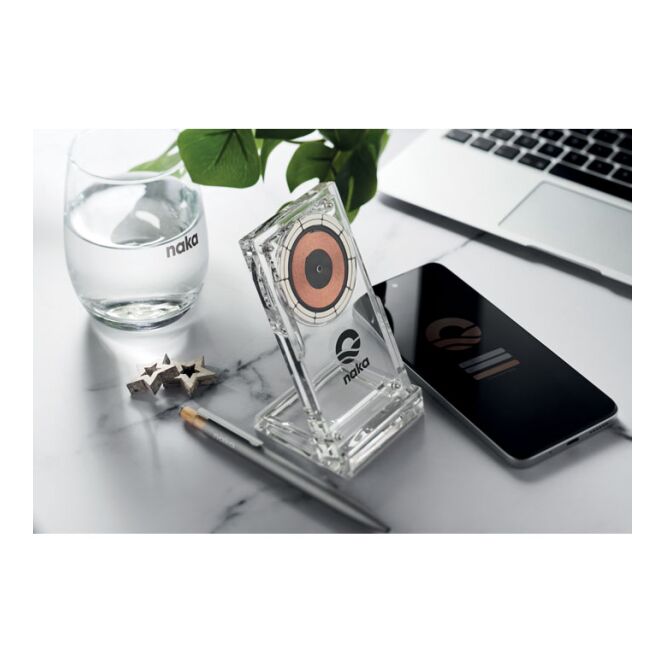 Firmengeschenk kabellose Ladestation 15W mit Logodruck – transparent – technisches Zubehör für Büro und Kunden