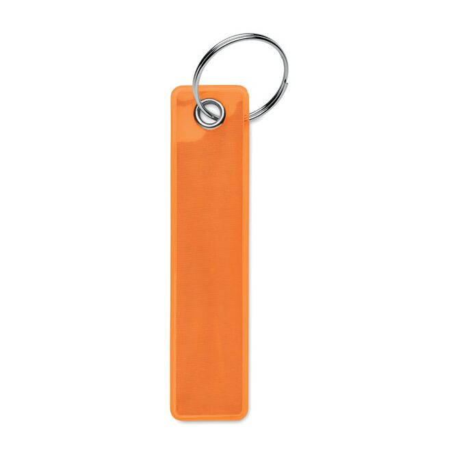 Werbeartikel reflektierender Schlüsselanhänger PVC – neonorange – mit Logo bedruckt als Sicherheits-Giveaway für Firmen