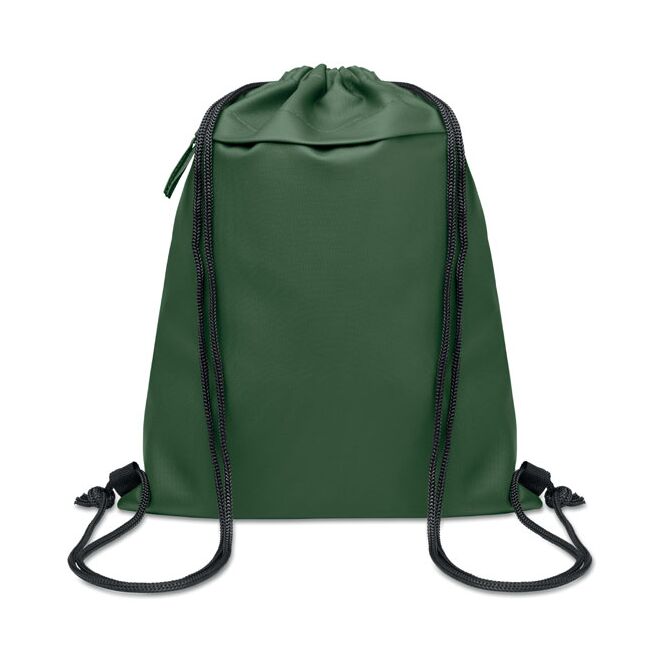 Werbeartikel Beutel mit Kordelzug aus RPET mit Logodruck – Dunkelgrün – nachhaltiger Gymsack für Events
