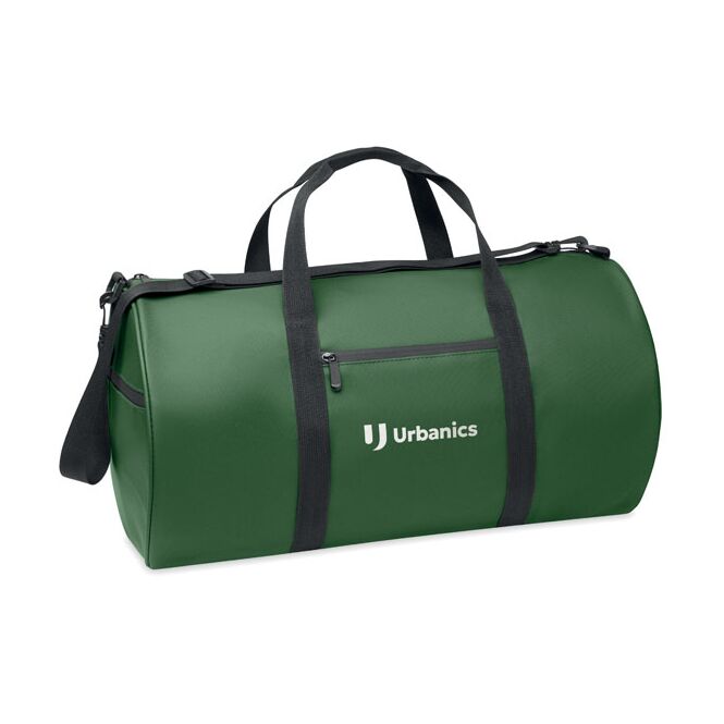Werbeartikel Sport- und Reisetasche aus RPET mit Logodruck – Dunkelgrün – robuste Tasche für Firmenreisen und Messen