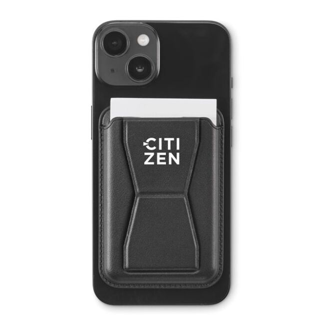 Werbeartikel 2in1 Smartphone-Halter aus PU mit Logodruck – Schwarz – praktisches Handyzubehör für Firmen und Büros