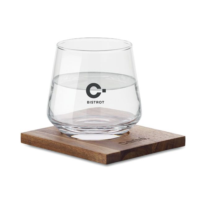 Werbeartikel Glas mit Untersetzer aus Akazienholz mit Gravur – Weiß – edle Trinkgläser für die Gastronomie und das Büro