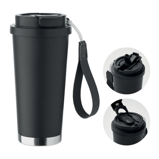 Firmengeschenk Thermobecher Edelstahl – schwarz – mit Logo bedruckt 500 ml nachhaltiger Kaffee to go Becher für das Büro