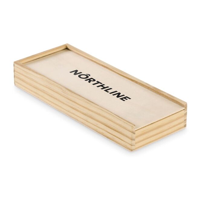 Werbeartikel Domino- und Spielkarten-Set mit Logodruck – Holzfarben – nachhaltiges Gesellschaftsspiel für Firmen und Agenturen