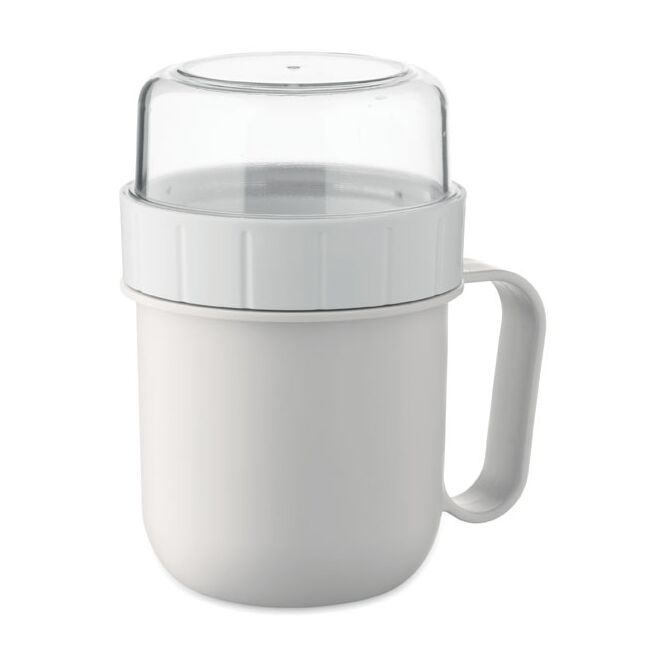 Werbeartikel Müslibecher 450 ml – weiss – mit Logo bedruckt für unterwegs auslaufsicherer Brunchbecher