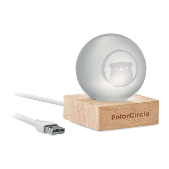Firmengeschenk LED-Glaskugel mit Lasergravur – Holzfarben – beleuchtete Tischleuchte für Büro und Schreibtisch