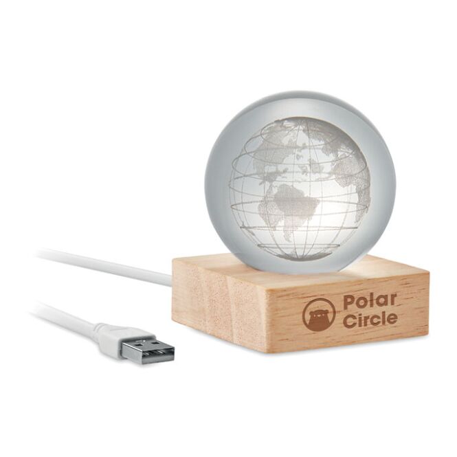 Firmengeschenk LED-Glaskugel mit Gravur – 100 Lumen Licht – Holzfarben – beleuchtetes Dekorationselement für das moderne Büro
