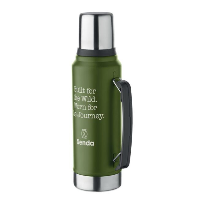 Firmengeschenk doppelwandige Isolierflasche mit Gravur – Dunkelgrün – auslaufsichere Thermokanne für Büro und Mitarbeiter