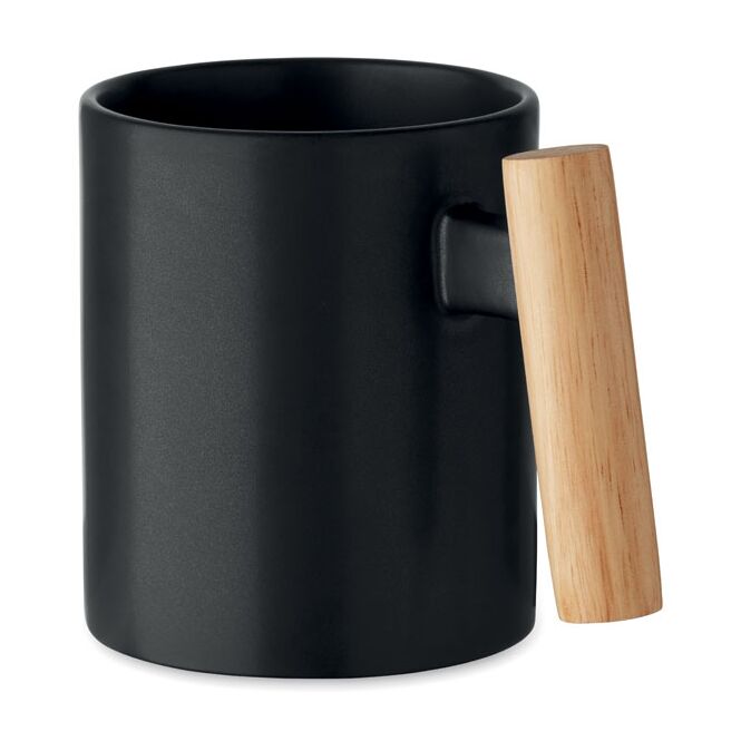Firmengeschenk Kaffeebecher Keramik mit Holzgriff – schwarz – mit Logodruck 320 ml für die Büroküche