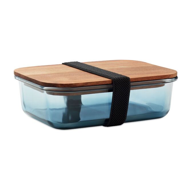 Werbeartikel Lunchbox Glas 800ml mit Gravur – Transparent Blau – nachhaltige Lebensmittelbox für Büro und Kantine