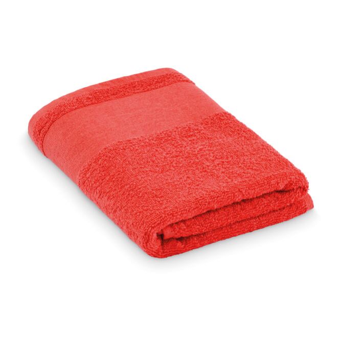Werbeartikel Handtuch mit Logodruck 50x100 cm – Rot – saugstarkes Baumwoll-Textil für Hotels und Sportvereine