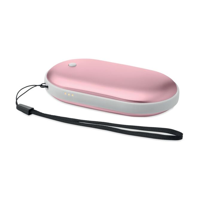Werbeartikel Elektrischer Handwärmer – pink – mit Logo bedruckt 5000 mAh Powerbank 3 Heizstufen Aluminium für Büro und Lifestyle