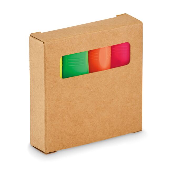 Werbeartikel Textmarker-Set in Kraftpapierbox mit Logodruck – Beige – Marker für Messen & Büro