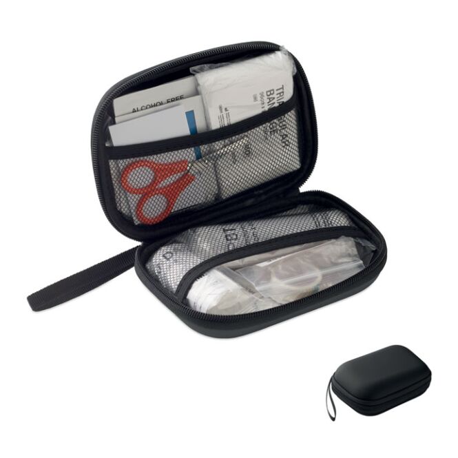 Firmengeschenk Erste-Hilfe-Set im PU-Koffer mit Logodruck – Schwarz – Sicherheitsausrüstung für Betrieb und Notfall