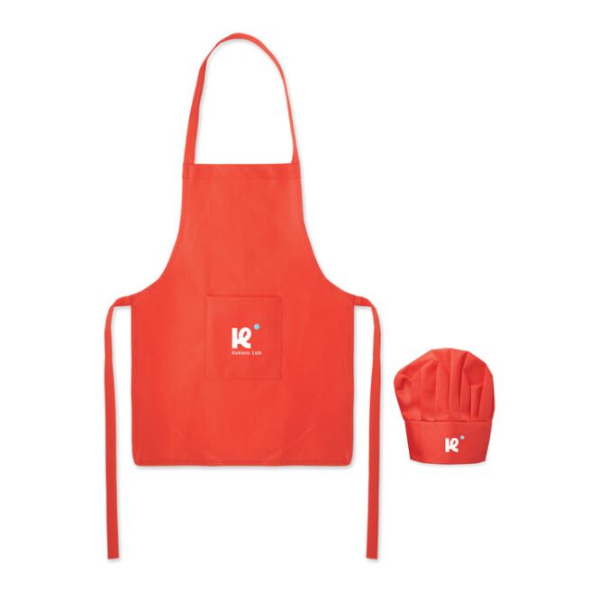 Gastro-Werbemittel Küchen-Set für Kinder – rot – mit Logodruck RPET-Non Woven 80g/qm als robuste Kochschürze für kleine Nachwuchsköche