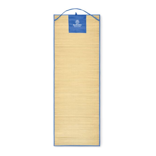 Firmengeschenk Strandmatte Naturstroh – königsblau – mit Werbedruck 100% Naturmaterial rollbar nachhaltiges Outdoor-Accessoire