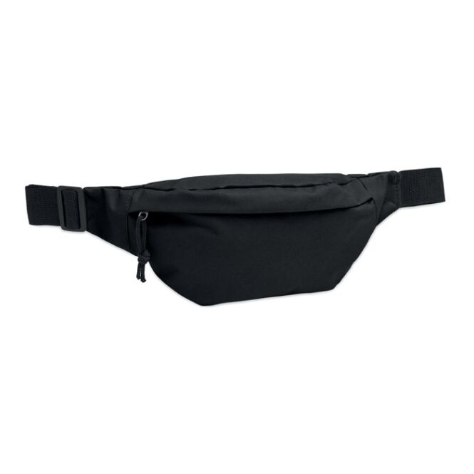 Werbeartikel Gürteltasche 600D RPET mit Logodruck – Schwarz – nachhaltige Bauchtasche für Firmen