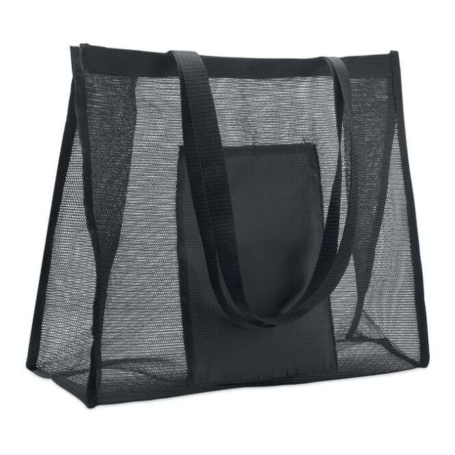 Werbeartikel RPET-Mesh-Einkaufstasche mit Logodruck – Schwarz – nachhaltiger Shopper für Messen und den Handel