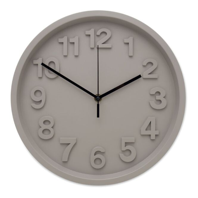Werbeartikel Wanduhr – grau – mit Logo bedruckt, geräuschloses Uhrwerk, Zeiger aus Aluminium, übersichtliche Bürouhr
