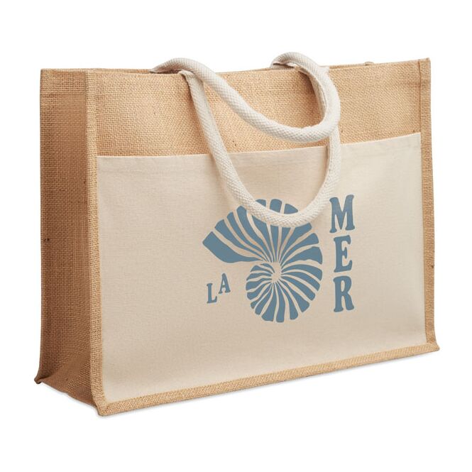 Werbeartikel Einkaufstasche aus Jute mit Logodruck – Beige – nachhaltige Tragetasche für Messen und Firmenevents