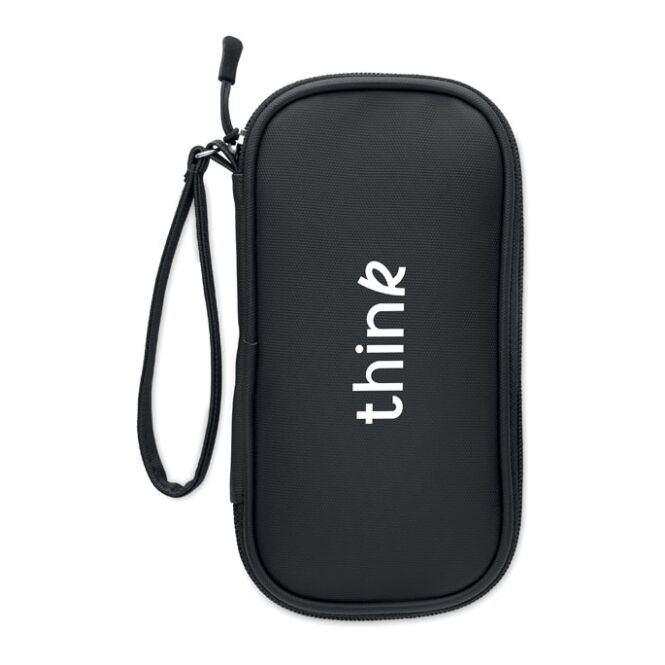 Kundengeschenk Tech Organizer-Tasche aus nachhaltigem rPET – schwarz – mit Logo bedruckt für Messen & Promotion