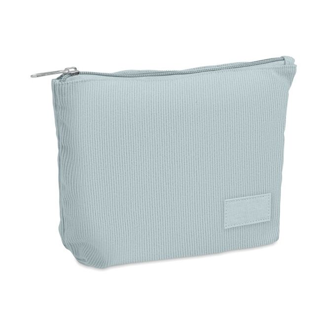 Werbeartikel Kosmetiktasche aus Kord-Polyester mit Logodruck – Himmelblau – praktisches Kulturbeutel-Set für Firmenevents und Reisen