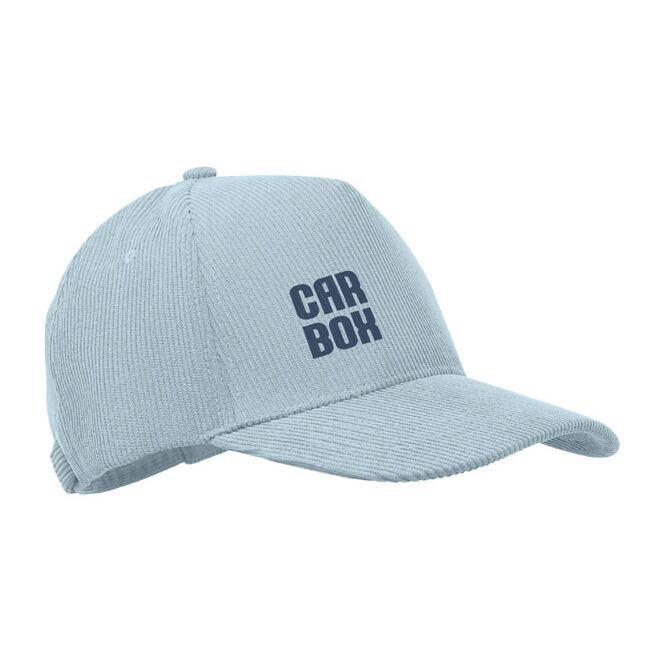 Werbeartikel Cap 5 Panels Cord – himmelblau – mit Logo bestickt, 220 g/m², klassisches Baseball Cap für Firmenevents & Marketingaktionen