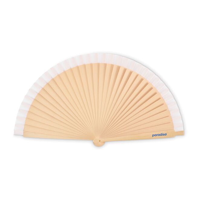 Werbeartikel Handfächer Schima-Superba-Holz – weiß – mit Logo bedruckt für Strand-Promotions