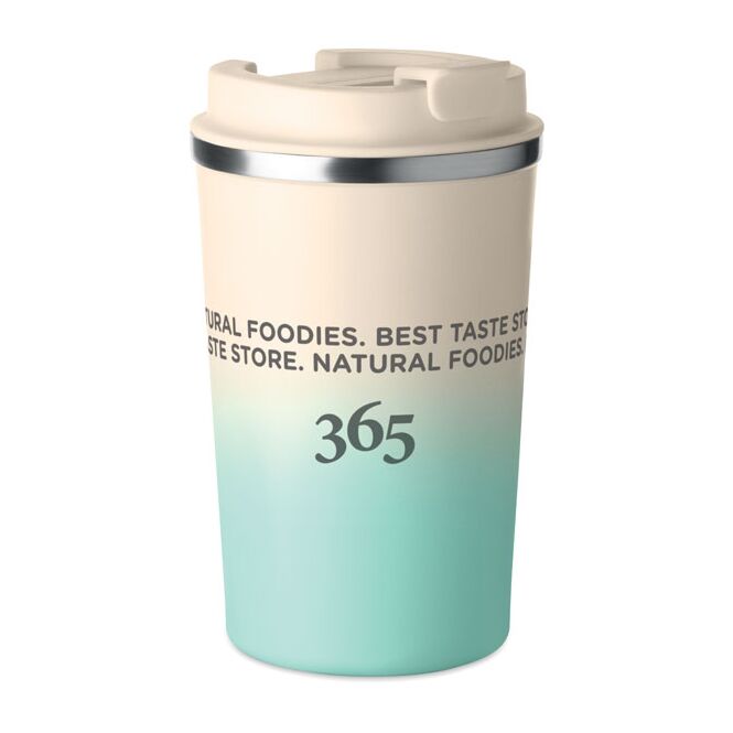 Werbeartikel Doppelwandiger Becher – grün – mit Logodruck 350 ml aus recyceltem Edelstahl vakuumisoliert auslaufsicher für Firmengeschenk