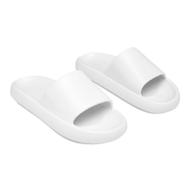 Werbeartikel Badelatschen Unisex – weiß – mit Logo bedruckt in Größe 38/39 aus EVA für Firmenevents moderne Pool Slides