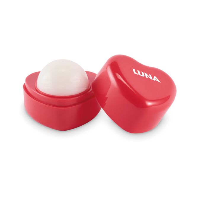Werbeartikel Lippenpflege Herz – rot – mit Logo bedruckt SPF10 Vanille schützende Lippenpflege für winterliche Promotionen