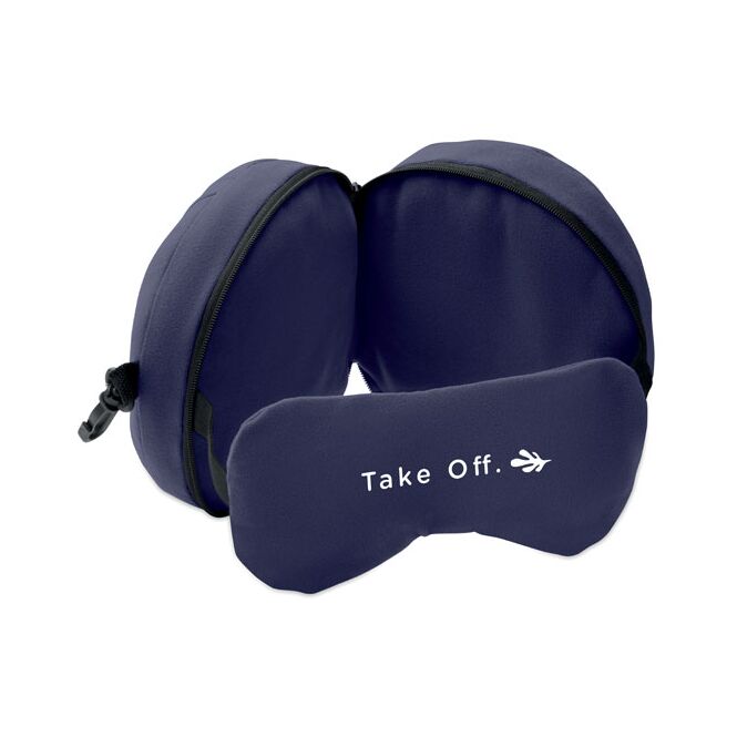 Werbeartikel Reisekissen 2in1 mit Schlafmaske – blau – mit Logo bedruckt für Messen & Promotion