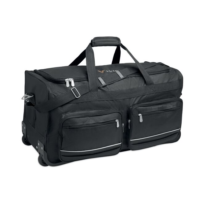 Firmengeschenk Reisetaschen-Trolley 600D RPET mit Logodruck – Schwarz – robustes Reisegepäck für Außendienst und Geschäftsreisen