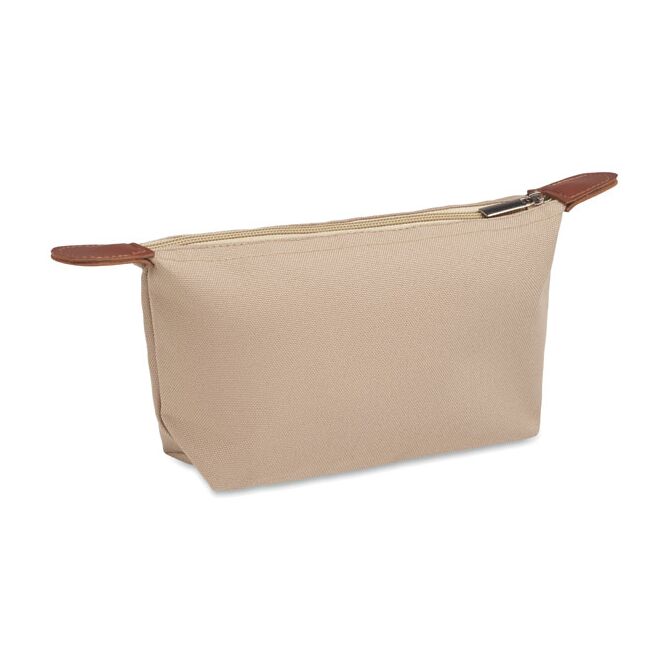 Mitarbeitergeschenk Kosmetiktasche 600D RPET – khaki – mit Logo bedruckt nachhaltiges Necessaire als praktisches Messe-Giveaway