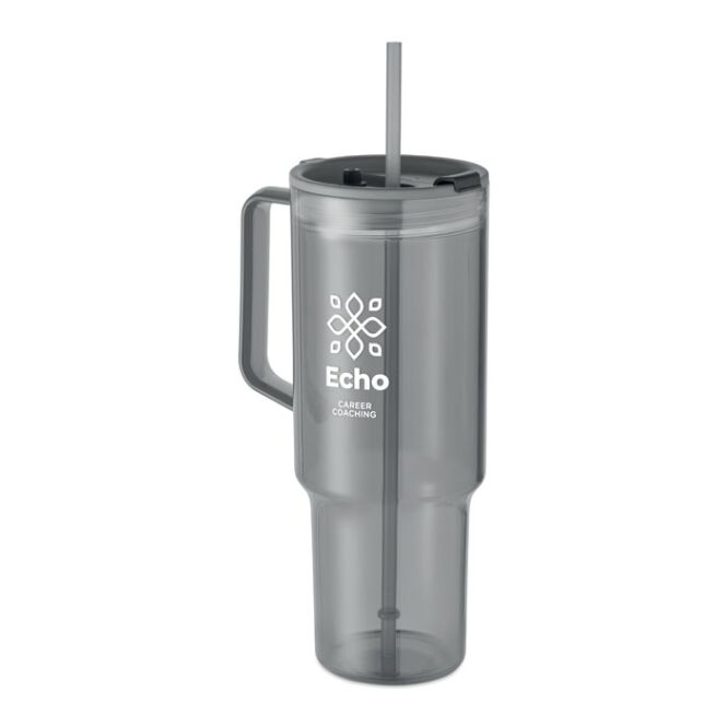 Premium-Werbeartikel Trinkbecher RPET 1200ml – transparent grau – mit Logo bedruckt für Firmen-Events und nachhaltige Promotions