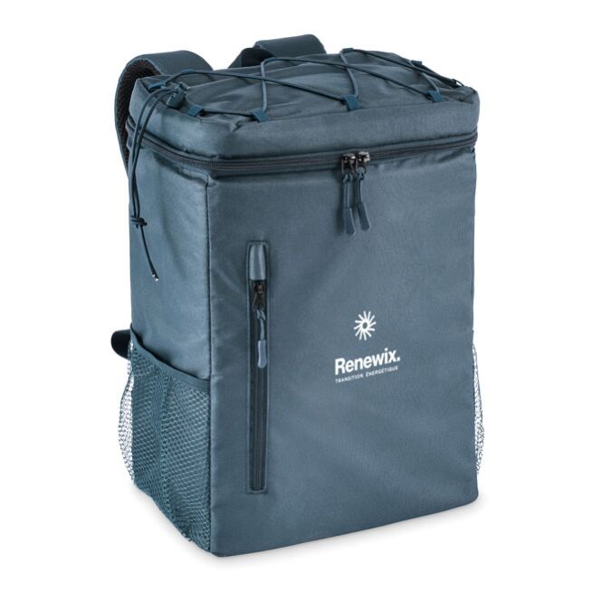 Werbeartikel Kühlrucksack aus 600D RPET mit Logodruck – Blau – Isolierte Kühltasche für Firmen und Events