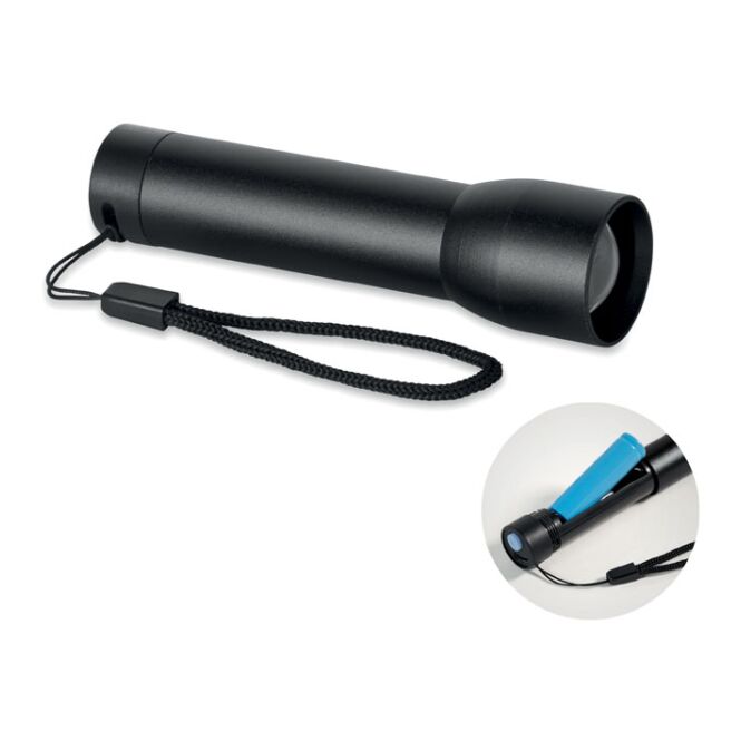 Firmengeschenk wiederaufladbare Taschenlampe mit Gravur – Schwarz – robuste LED-Leuchte aus recyceltem Aluminium für Büro und Business