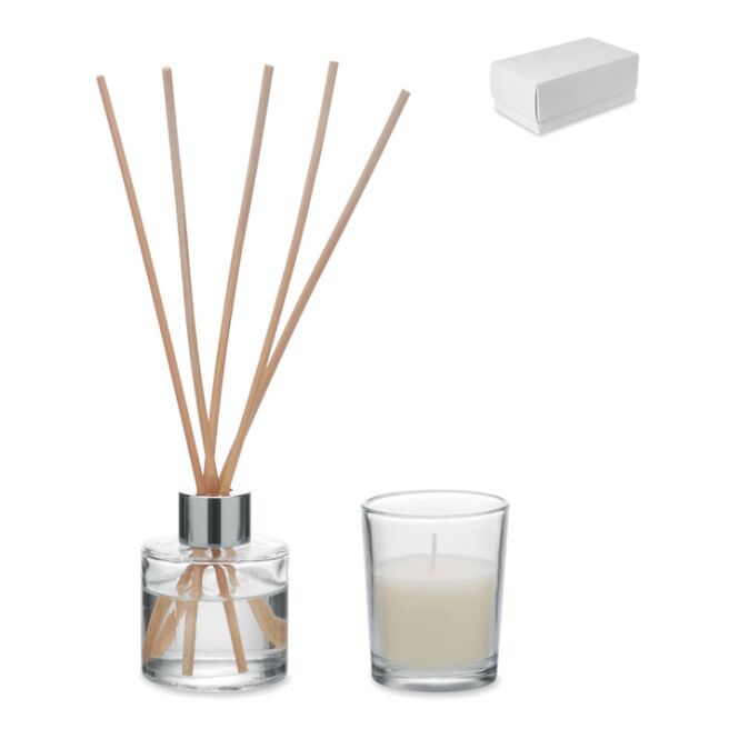 Mitarbeitergeschenk Raumduft Vanille-Aroma – weiß – mit Logo bedruckt 40ml Glas mit Duftstäbchen & Wachskerze aromatischer Raumduft